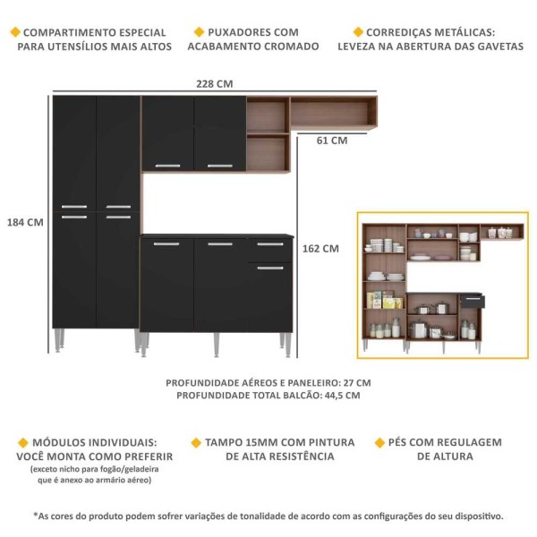 Encontraproduto.com.br - Armário de Cozinha Compacta Pequim 9 Portas MP2933 Multimóveis Carvalho Avelã/Preto