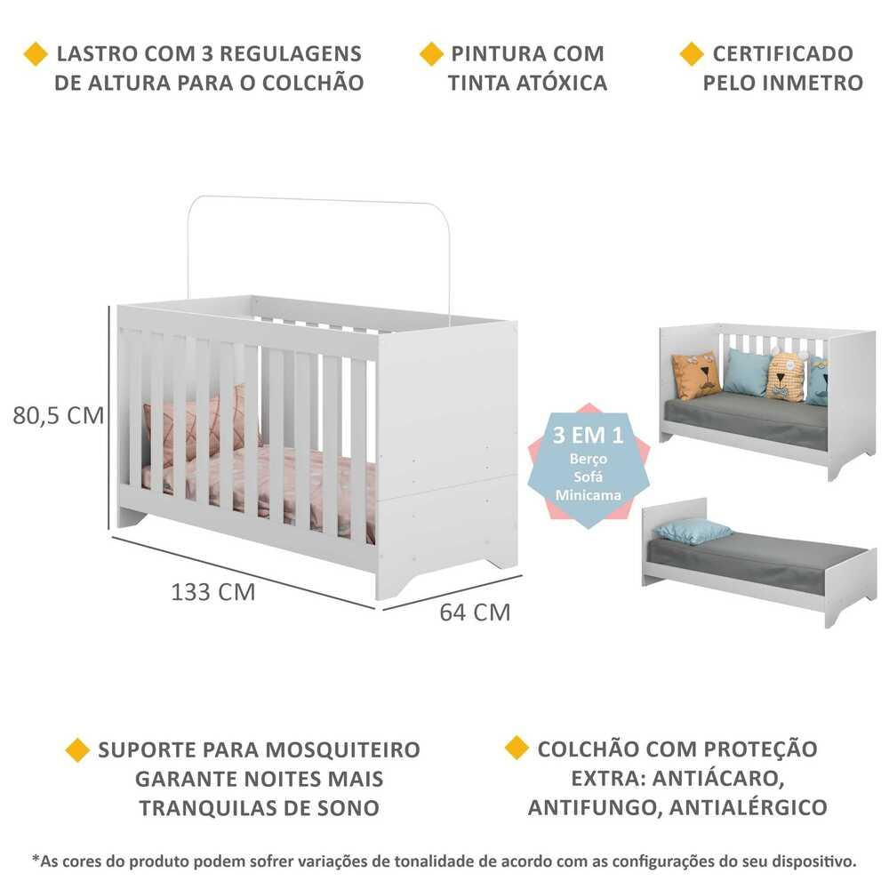 Encontraproduto.com.br - Berço 3 em 1 vira cama com Colchão Incluso Elza Multimóveis Branco