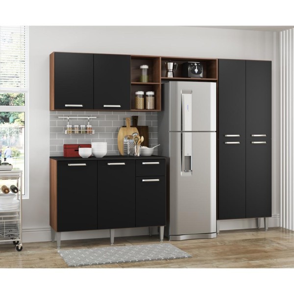 Encontraproduto.com.br - Cozinha Completa Compacta Pequim UP Multimóveis com Balcão - Madeirado com Preto