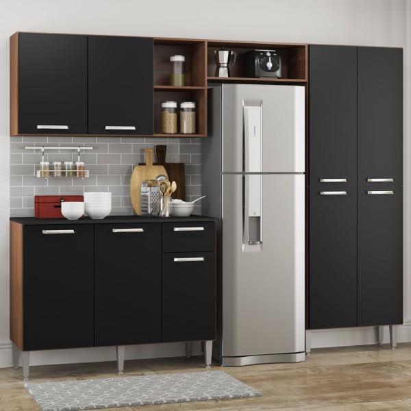 Encontraproduto.com.br - Cozinha Completa Compacta Pequim UP Multimóveis com Balcão - Madeirado com Preto