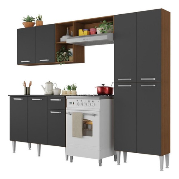 Encontraproduto.com.br - Cozinha Completa Compacta Pequim UP Multimóveis com Balcão - Madeirado com Preto