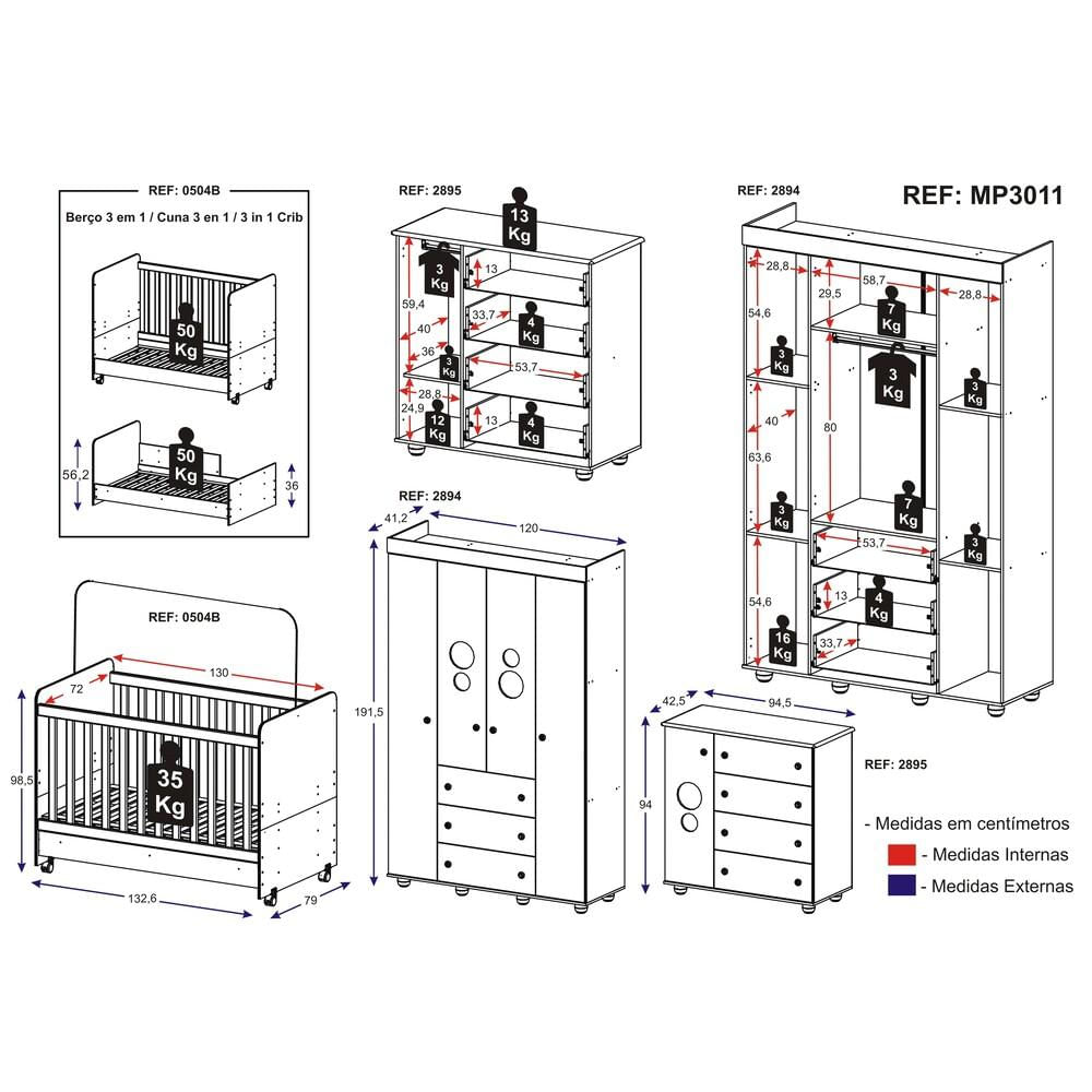 Encontraproduto.com.br - Quarto Completo Pimpolho com berço 3 em 1 com rodízios Multimóveis Branco