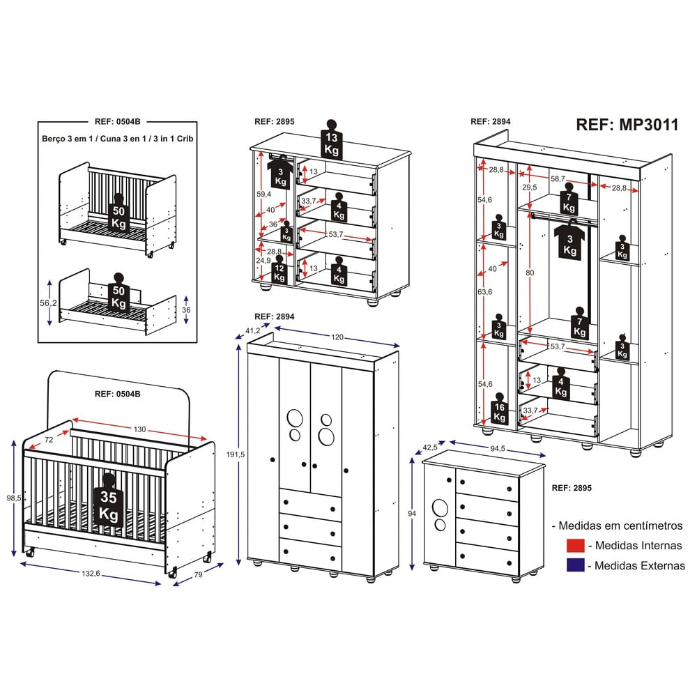 Encontraproduto.com.br - Quarto Completo Pimpolho com berço 3 em 1 com rodízios Multimóveis Branco