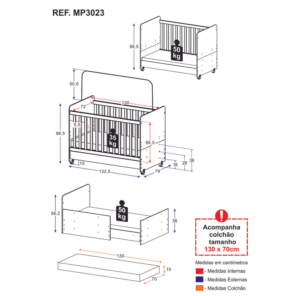 Encontraproduto.com.br - Berço Americano 3 em 1 com Colchão Incluso e Rodízios Bambino Multimóveis Branco