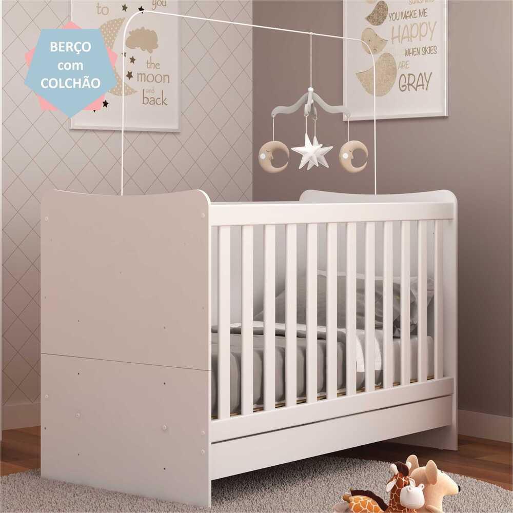 Encontraproduto.com.br - Berço 4 em 1 vira escrivaninha com Colchão Incluso Evolution Multimóveis Branco