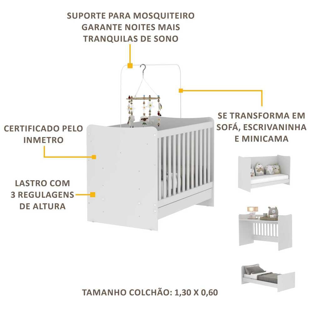 Encontraproduto.com.br - Berço 4 em 1 vira escrivaninha com Colchão Incluso Evolution Multimóveis Branco