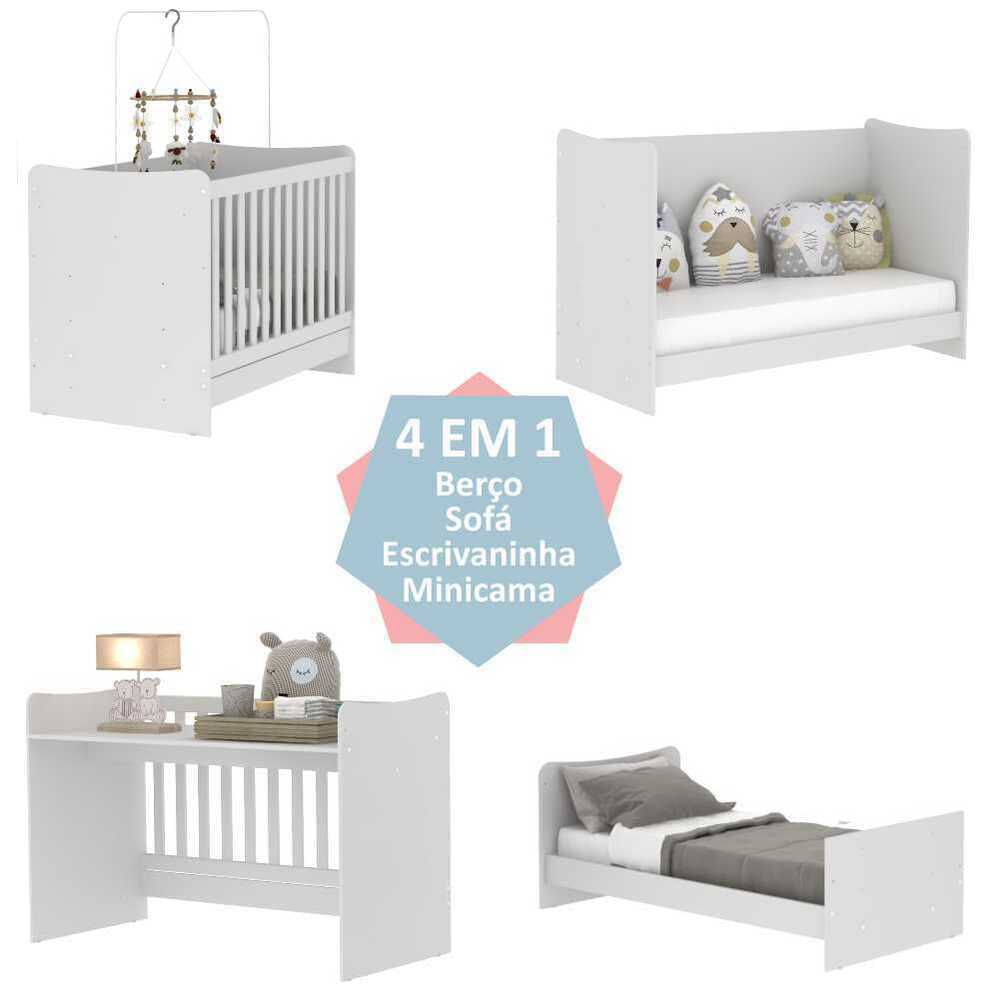 Encontraproduto.com.br - Berço 4 em 1 vira escrivaninha com Colchão Incluso Evolution Multimóveis Branco