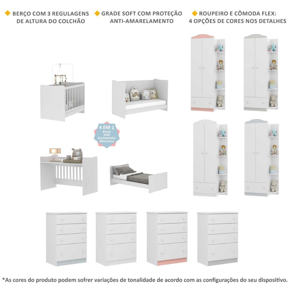 Encontraproduto.com.br - Quarto Infantil Completo João e Maria com berço 4 em 1 + Roupeiro e cômoda Branco