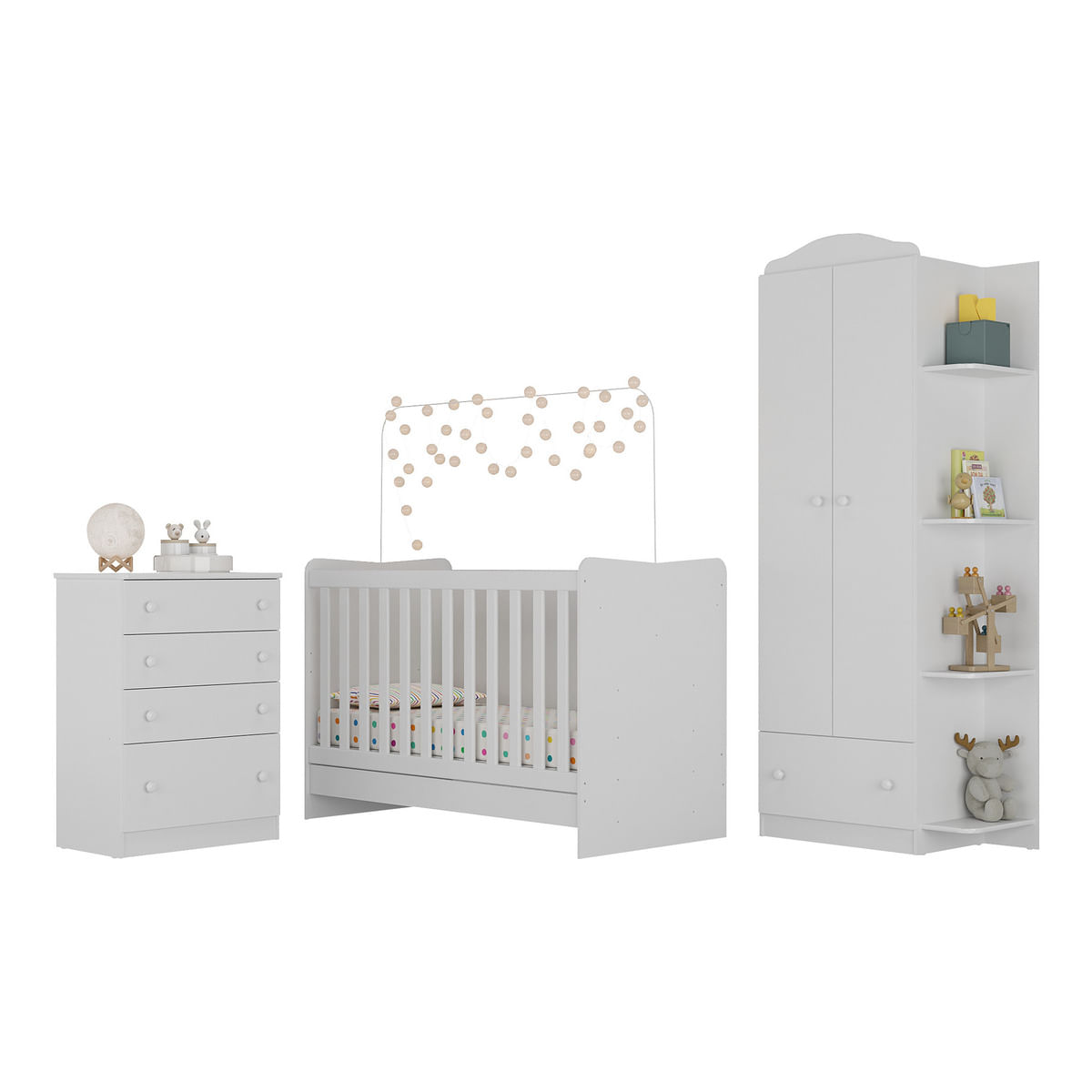 Encontraproduto.com.br - Quarto Infantil Completo João e Maria com berço 4 em 1 + Roupeiro e cômoda Branco