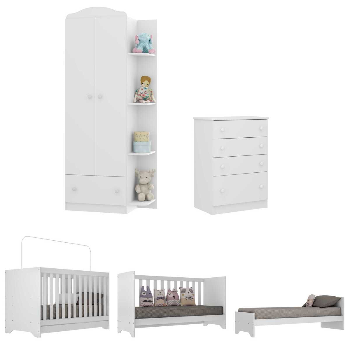 Encontraproduto.com.br - Quarto Infantil Completo João e Maria com Berço 3x1 e Colchão Incluso Multimóveis Branco/Colorido