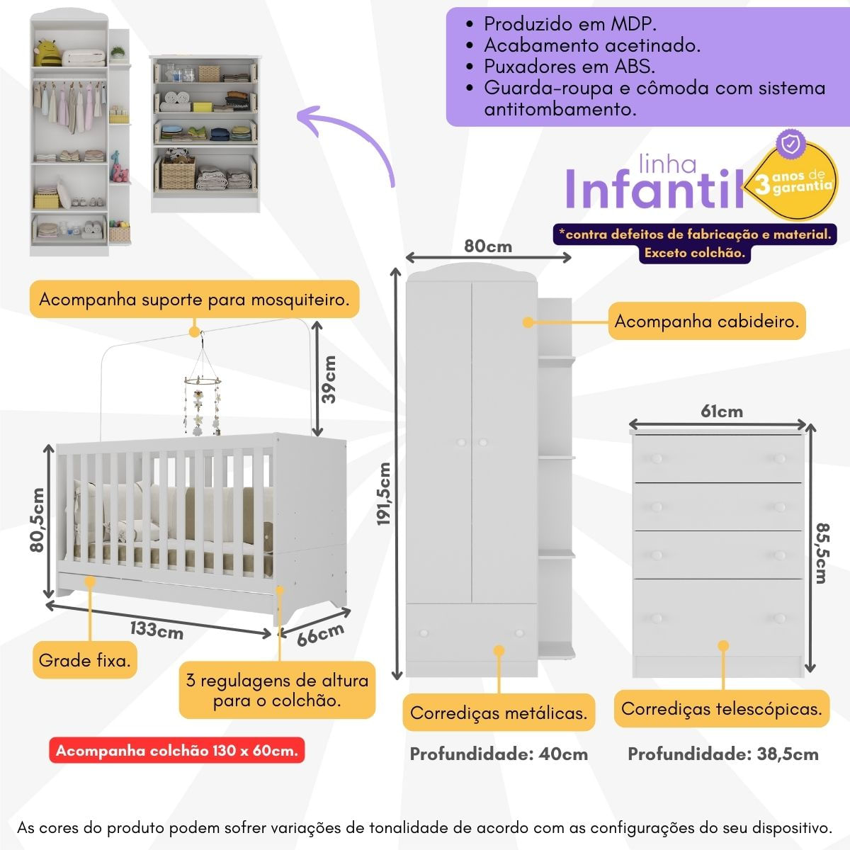 Encontraproduto.com.br - Quarto Infantil Completo João e Maria com Berço 3x1 e Colchão Incluso Multimóveis Branco/Colorido