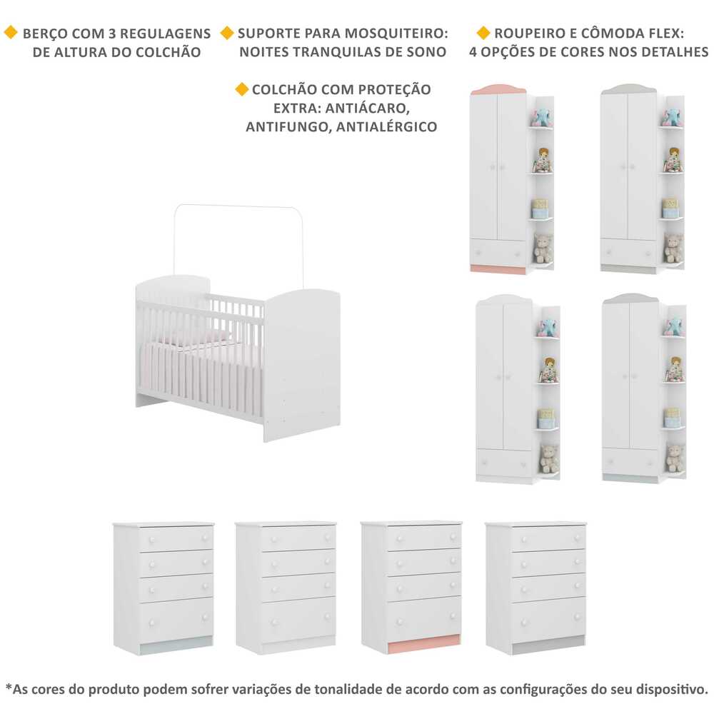 Encontraproduto.com.br - Quarto Infantil Completo João e Maria Multimóveis com Colchão, Berço, Guarda Roupa e Cômoda Bco/Col