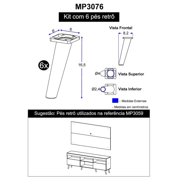 Encontraproduto.com.br - Pés Palito Retrô - Kit com 6 unidades Multimóveis Preto