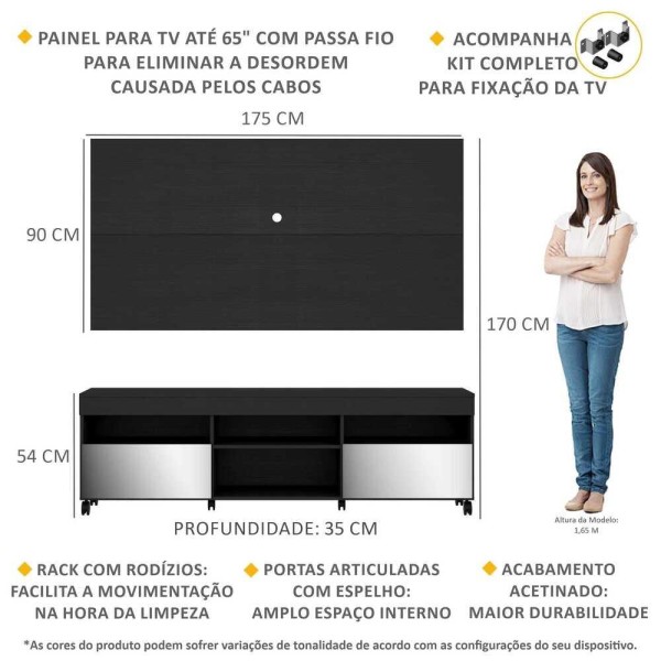 Encontraproduto.com.br - Rack com Espelho, Rodízios, Painel e Suporte TV 65