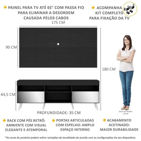 Encontraproduto.com.br - Rack com Espelho, Pés Retrô, Painel e Suporte TV 65