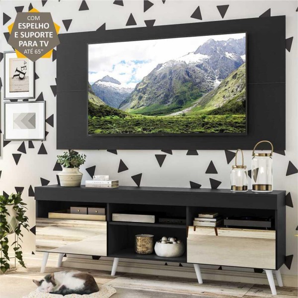 Encontraproduto.com.br - Rack com Espelho, Pés Retrô, Painel e Suporte TV 65