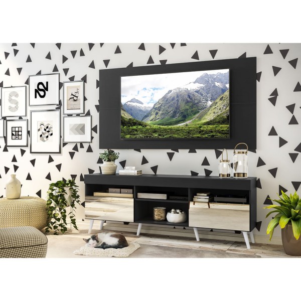 Encontraproduto.com.br - Rack com Espelho, Pés Retrô, Painel e Suporte TV 65