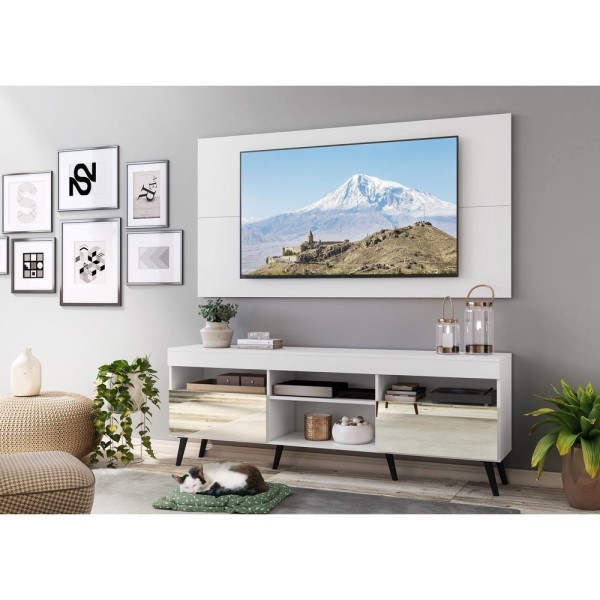 Encontraproduto.com.br - Rack com Espelho, Pés Retrô, Painel e Suporte TV 65