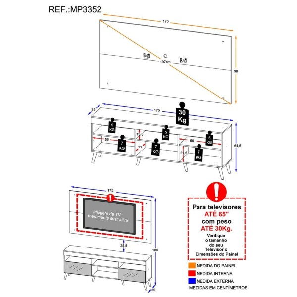 Encontraproduto.com.br - Rack com Espelho, Pés Retrô, Painel e Suporte TV 65