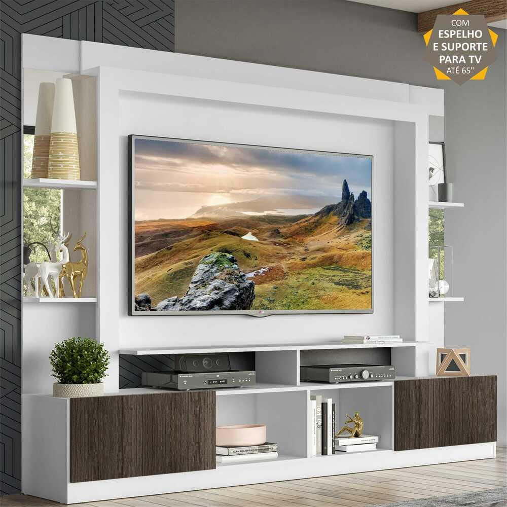 Encontraproduto.com.br - Rack com Painel Suporte Tv 65´´ com  Espelho Branco/Tenerife