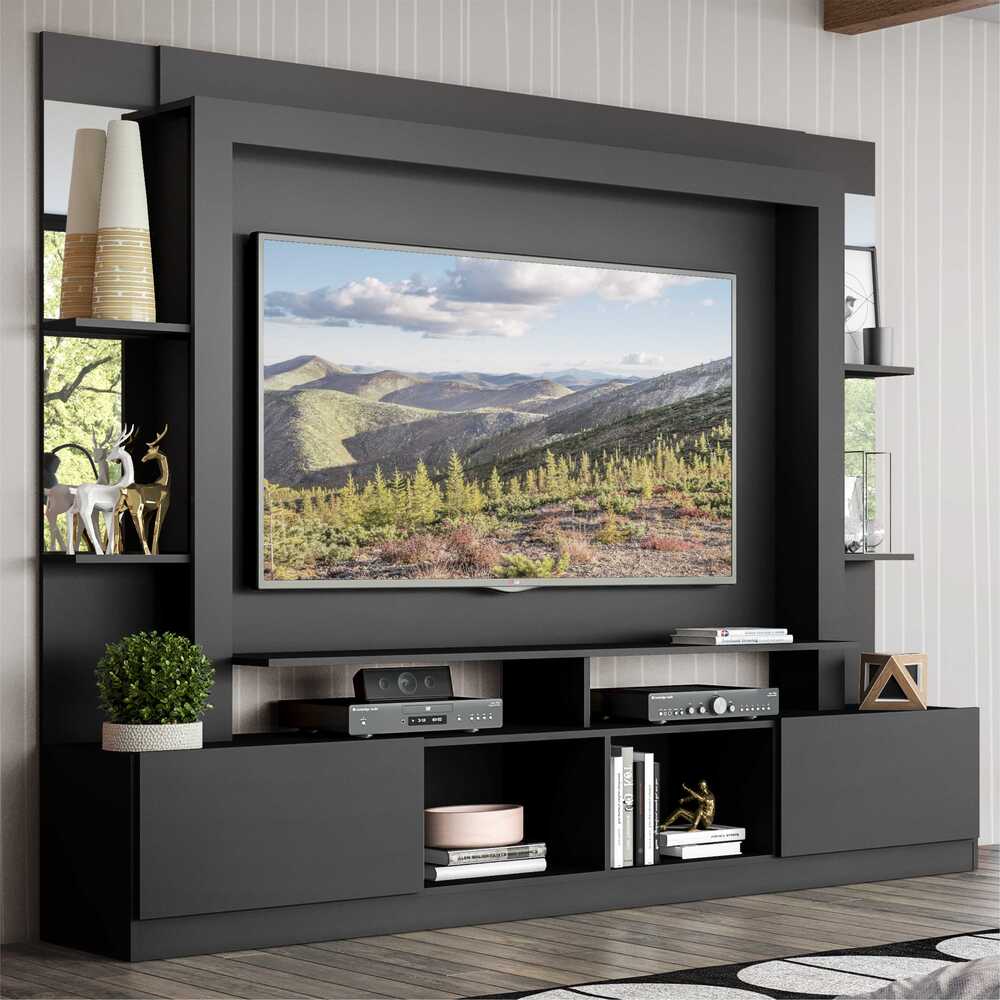 Encontraproduto.com.br - Rack com Painel Tv 65 Prateleiras com Espelho Oslo Preto