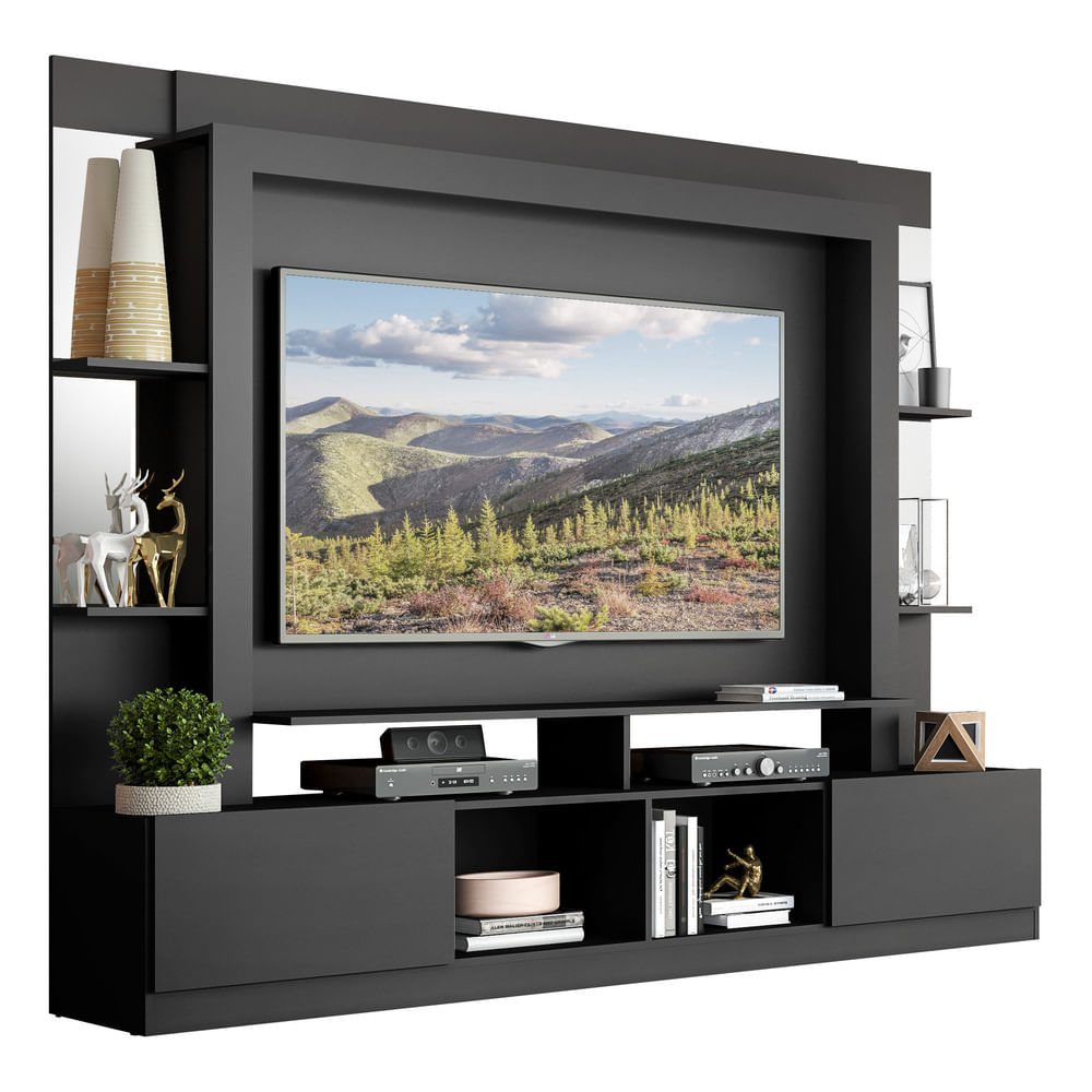 Encontraproduto.com.br - Rack com Painel Tv 65 Prateleiras com Espelho Oslo Preto