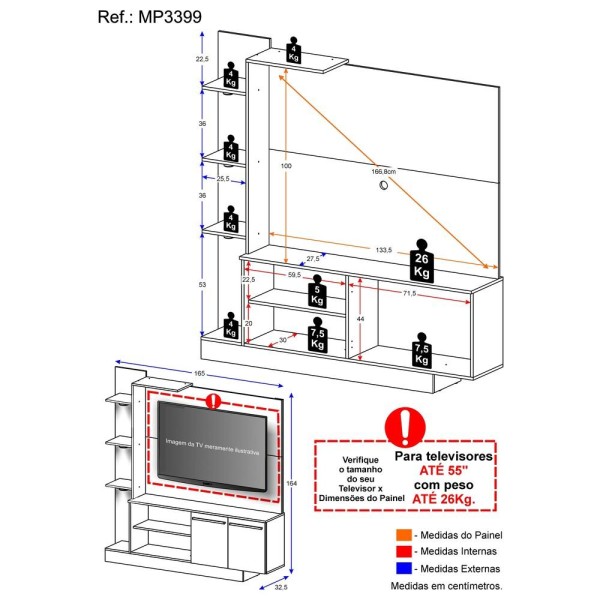 Encontraproduto.com.br - Estante com 3 Leds Painel TV 55