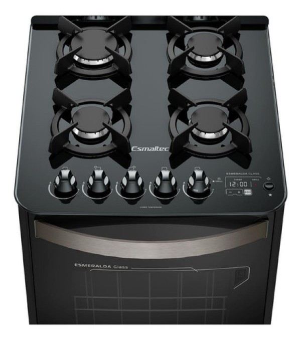 Fogão Esmaltec Esmeralda Glass Gourmet 4 Bocas Preto Com Timer Digital E Grill Elétrico