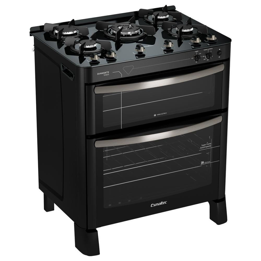 Encontraproduto.com.br - Fogão Esmaltec Diamante Glass 5 Bocas Preto Com Duplo Forno E Timer Sonoro 220v