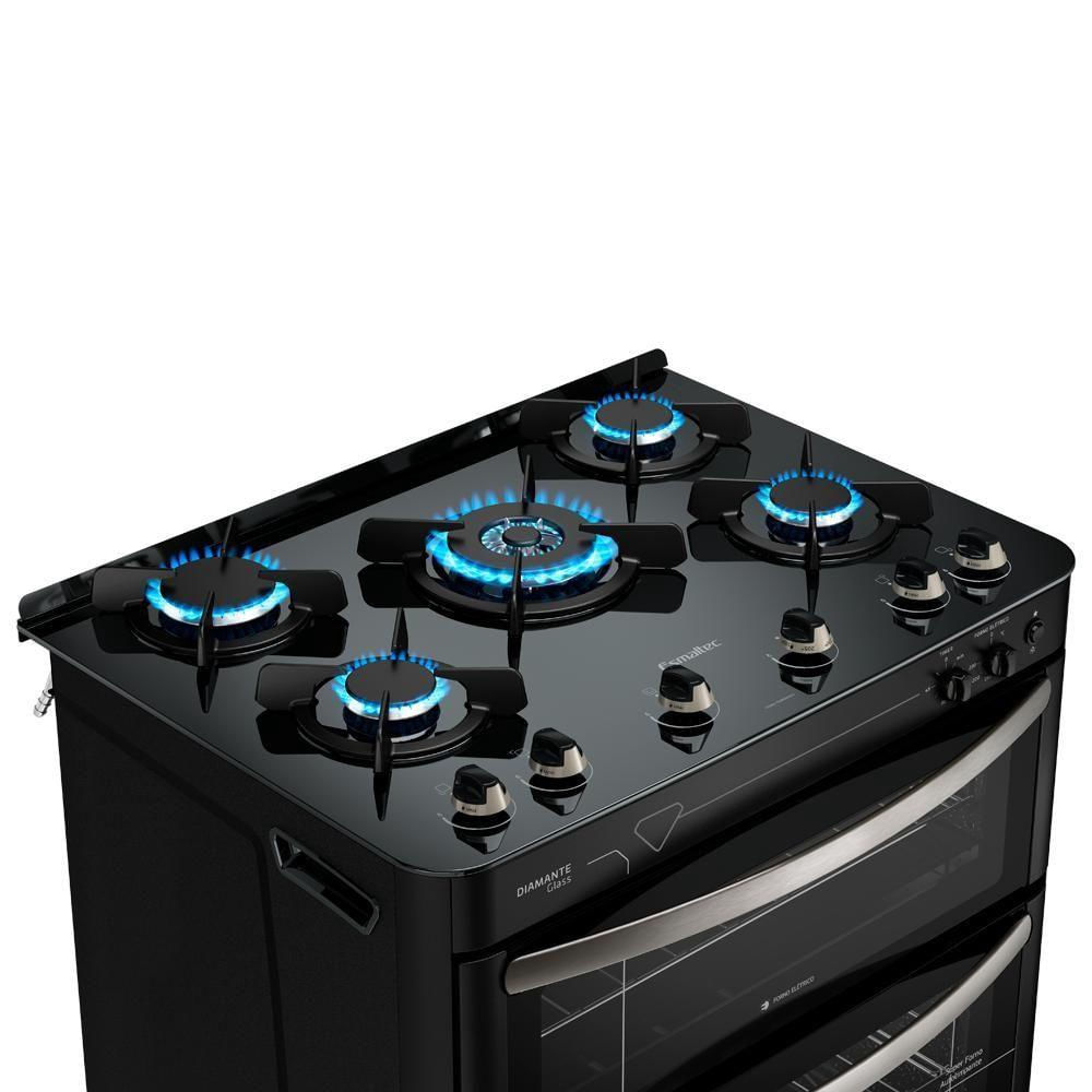 Encontraproduto.com.br - Fogão Esmaltec Diamante Glass 5 Bocas Preto Com Duplo Forno E Timer Sonoro 220v