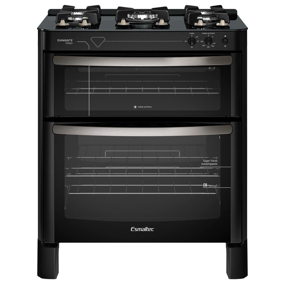 Encontraproduto.com.br - Fogão Esmaltec Diamante Glass 5 Bocas Preto Com Duplo Forno E Timer Sonoro 220v