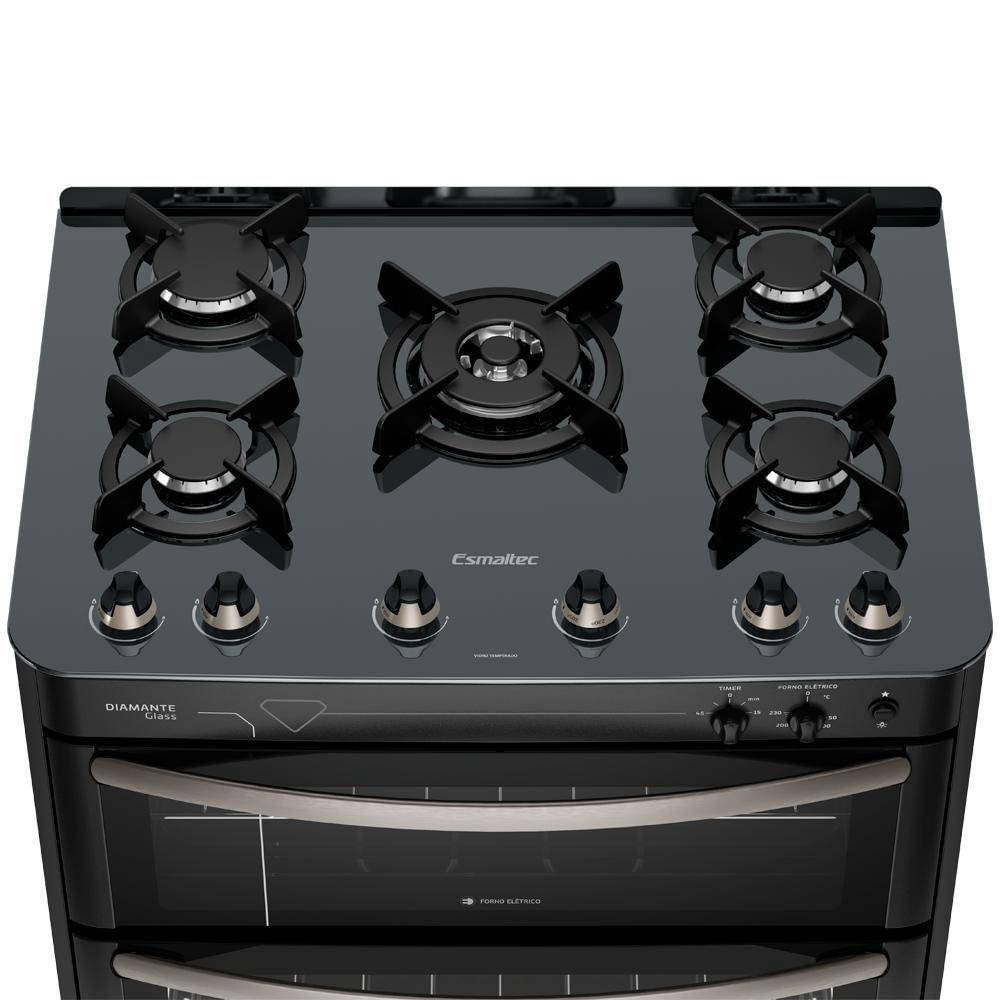 Encontraproduto.com.br - Fogão Esmaltec Diamante Glass 5 Bocas Preto Com Duplo Forno E Timer Sonoro 220v
