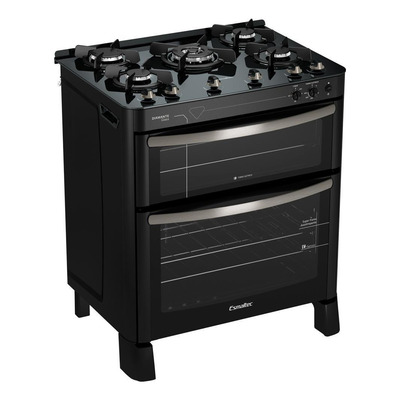 Fogão Esmaltec Diamante Glass 5 Bocas Preto Com Duplo Forno E Timer Sonoro 220v