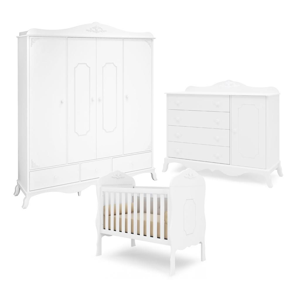 Encontraproduto.com.br - Quarto Infantil Completo Com Berço Comoda 4 Gavetas E Guarda Roupa 4 Portas Branco Canaã Baby
