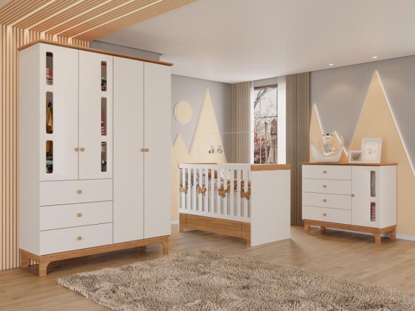 Encontraproduto.com.br - Quarto Infantil Antonella Roupeiro Cômoda Berço Off White/Caramelo Móveis Canaã
