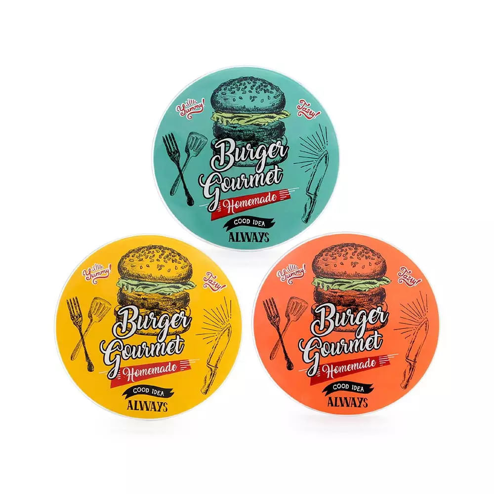 Conjunto de Pratos Decorglass Lanche Burguer de Vidro Colorido com 3 Peças