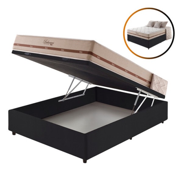 Cama Box Baú Casal Preto + Colchão Molas Bahamas 138cm