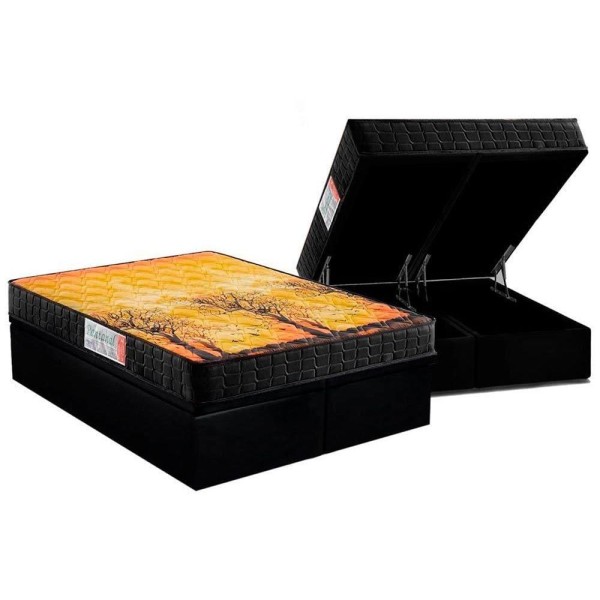 Cama Box Baú Queen: Colchão Ortopédico Anjos D28 / AG65 Pantanal + Base CRC Suede Black(158x198)
