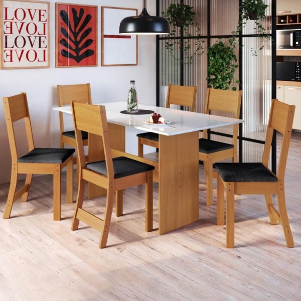 Encontraproduto.com.br - Conjunto Sala De Jantar Fidelitá Siena Com 6 Cadeiras Freijó/off-white Assento Preto
