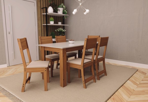 Encontraproduto.com.br - Conjunto Para Sala de Jantar Indekes Mesa Monalisa 150x76cm com 6 Cadeiras Freijó Off White e Bege