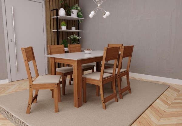 Encontraproduto.com.br - Conjunto Para Sala de Jantar Indekes Mesa Monalisa 150x76cm com 6 Cadeiras Freijó Off White e Bege