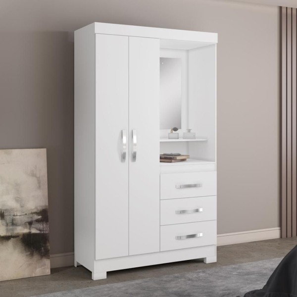Encontraproduto.com.br - Guarda-roupa Solteiro Com Espelho 2 Portas 3 Gavetas Paris Notável Branco