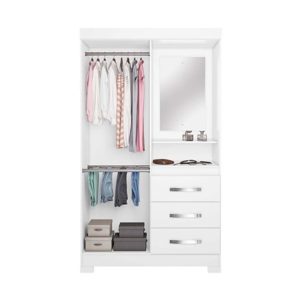 Encontraproduto.com.br - Guarda-roupa Solteiro Com Espelho 2 Portas 3 Gavetas Paris Notável Branco