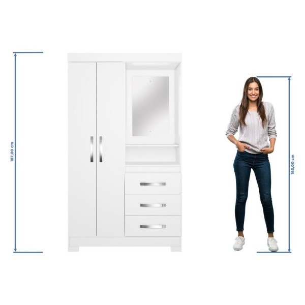 Encontraproduto.com.br - Guarda-roupa Solteiro Com Espelho 2 Portas 3 Gavetas Paris Notável Branco