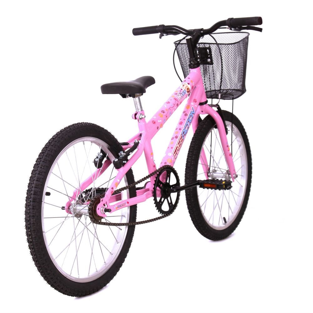 Encontraproduto.com.br - Bicicleta Free Action Aro 20 MTB 45,0 1V Feminina C23 Kiss com Cesta V-Brake Rosa