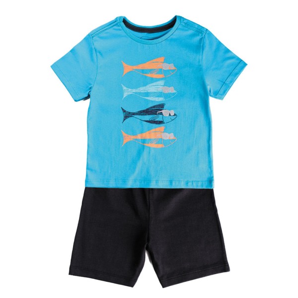 Encontraproduto.com.br - Conjunto Infantil - Camisa Peixes e Bermuda - 100% Algodão - Azul Royal e Marinho - Minimi