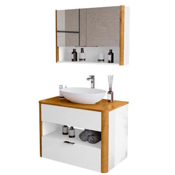 Encontraproduto.com.br - Gabinete de Banheiro com Cuba e Espelheira 70cm Santorini II Branco/Naturalle - Bechara