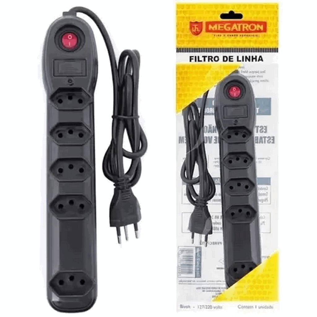 Encontraproduto.com.br - Filtro Linha Preto 10A 5 Tomadas Com Cabo De 1M Bivolt REF. Fl5T - Megatron