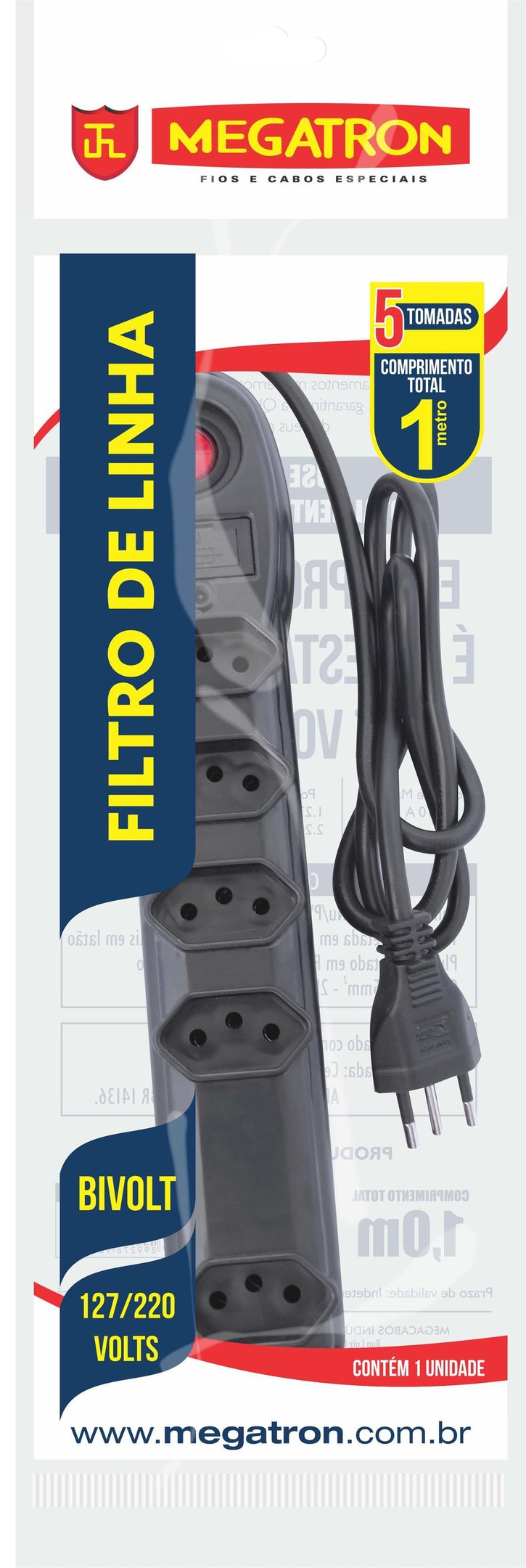 Encontraproduto.com.br - Filtro Linha Preto 10A 5 Tomadas Com Cabo De 1M Bivolt REF. Fl5T - Megatron