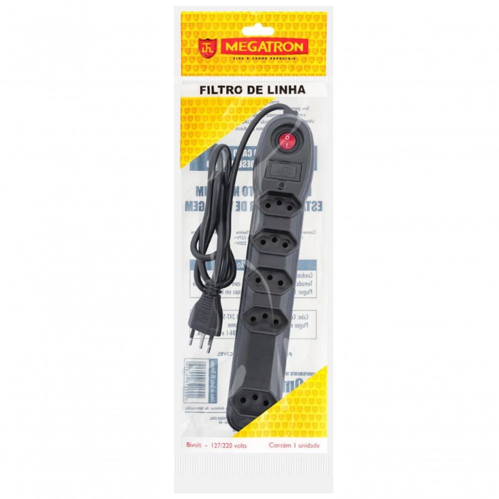 Encontraproduto.com.br - Filtro Linha Preto 10A 5 Tomadas Com Cabo De 1M Bivolt REF. Fl5T - Megatron